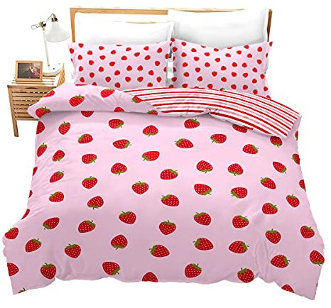 Housse de Couette en Microfibre et Lin Fraises et Rayures Rose Double