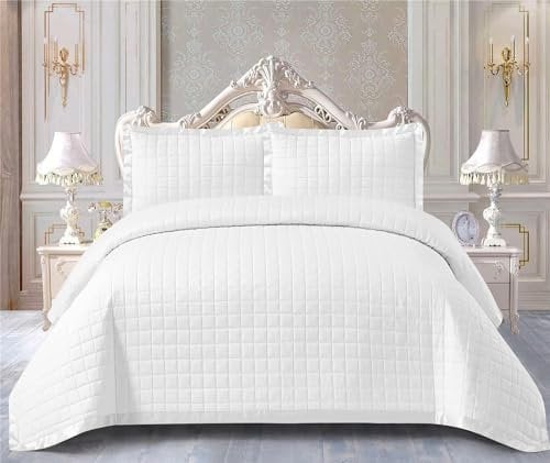 PRIME LINENS 3 Piece Quilted Bedspread Throw + 2 Matching Pillow Shams for Bedroom Décor Coverlets Embossed Quilt Bedding Set Bed Throw Embroidered (White, Double (240 x 250 Cm))