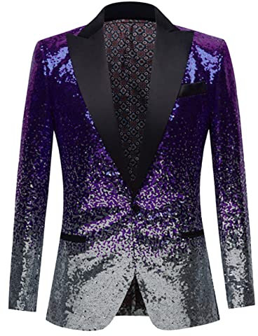 Paillettes Viola Bling Glitter Blazer Uomini Picco Risvolto Un Pulsante Tuxedo Abiti & Blazer Mens Shiny Stage Costume, Viola e argento., XL