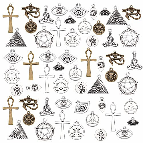 PH PandaHall 14 Styles Evil Eye Charms, 56pcs Cross Pendant Star of David Charm Yoga Lotus Charms Pendant Tibetan Dangle Charms for Easter Ramadan Craft DIY Necklace Bracelet Earrings Making