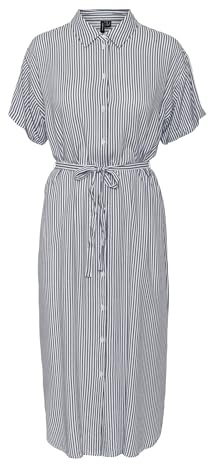 VERO MODA Damen Leichtes Kurzarm Kleid Midi Blusen Dress Locker mit Gürtel und Hemdkragen VMBUMPY, Farben:Weiß,Größe Damen:XL