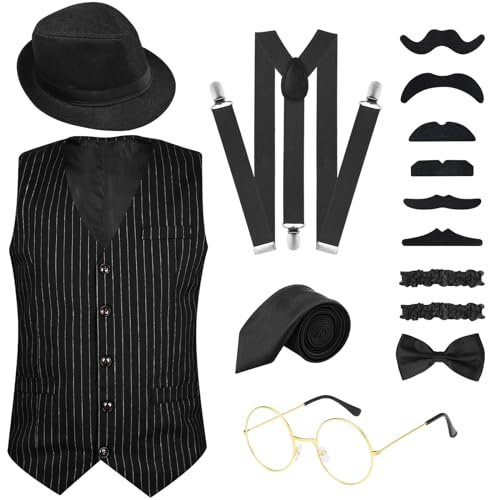 PLULON Années 1920 Accessoires pour Homme Vêtements Costume Tenue avec Gilet Chapeau Fedora Montre de Poche Bretelles Cravate pour Homme