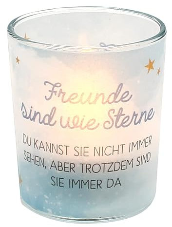 Dekohelden24 Windlichtglas mit Motiv auf Einer transparenten Banderole, inkl. 1 Teelicht, H/Ø: 6,5 x 6 cm, Motiv: Freunde sind wie Sterne.
