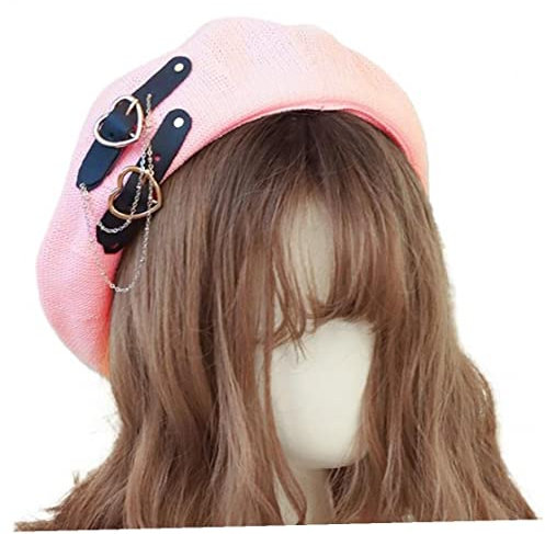 Gothic Punk Baskenmütze für Mädchen mit Herzschnalle Jk Beanie Mütze Atmungsaktiver Preppy Style Lolita Hut für Frauen Mädchen