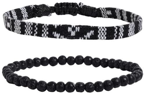 Herren Armband Surfer Armband 2er Set Sport Outdoor Damen Armband Handgeflochtenes Herren Armband Boho Ethno Schmuck Armband (Schwarz und weiß + Lavastein)