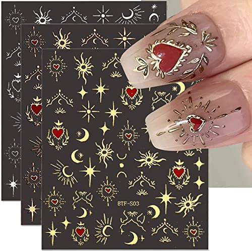 6 Blätter 3D Sonne Mond Stern Nagelsticker Selbstklebend Nagelaufkleber Holografische Bronzieren Sterne Sonne Mond Nail Sticker Sternenlicht Herz Nagel Stickers Nail Art Nageldesign Nailart Aufkleber