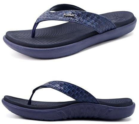 KuaiLu Womens Beach Flip Flops Comfortable Summer Thong Sandals with Plantar Fasciitis Arch Support Slip-on Indoor Outdoor, Dark Blue Size 3