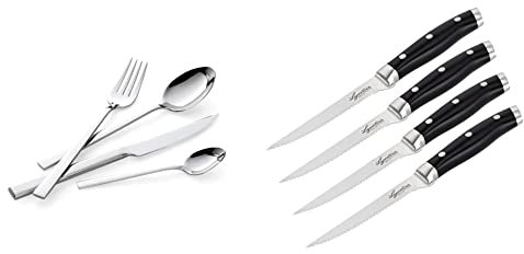 Lagostina Giada Set Posate Acciaio Inox 18/10 per 6 Persone, 24 Pezzi, Servizio Posate con 6 Forchette, 6 Coltelli Tavola & Set 4 Coltelli Bistecca Forgiati, Inossidabile, Manicatura Ergonomica