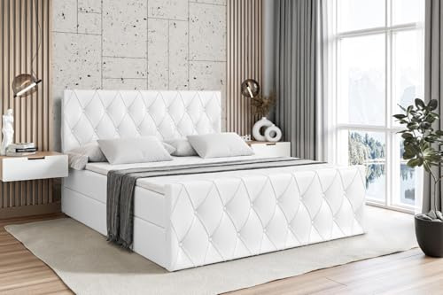 ALTDECOR Boxspringbett mit Matratze und Lattenrost, Boxbett, Fußteil, Topper, Polsterbett mit Bettkasten, Bett mit Stauraum H4-Matratze, Doppelbett, Springboxbett - Amay - 180x200 Weiß Kunstleder