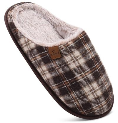 COFACE Herren Rückstellschaum hausschuhe, warme plaid Pantoffeln für manner, flauschig plüsch Gefüttert mit Rutschfeste Gummisohle Braun Khaki Größe 40EU