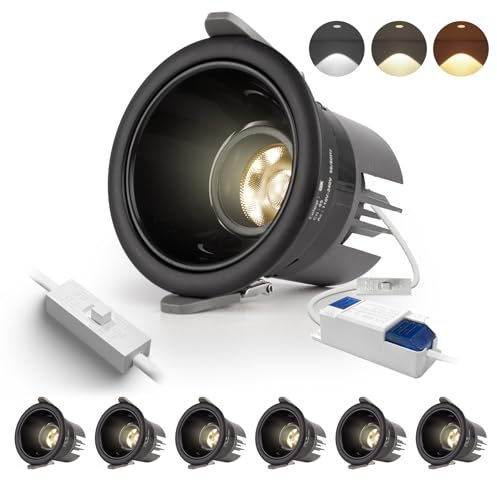BAGZY LED Einbaustrahler 230V Schwenkbar Schwarz Spots Flach 7W Einbauleuchten IP44, 700 Lumen 6er Set 3000K/4000K/6000K Ausschnitt 70-75mm,CRI 95,für Schlafzimmer Badezimmer Wohnzimmer