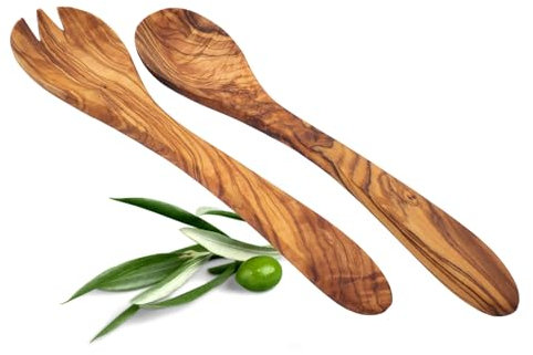 AMRAMI® Olivenholz Set – 4 Teile, 2X Pfannenwender & 2X Salatbesteck Servierbesteck– Hochwertige Küchenutensilien aus Olivenholz
