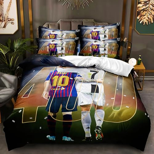 ENIXWH Fußballstar Bettbezug Teenager 3D Ronaldo Messi Bettwäsche Mikrofaser Bettbezüge Fußball-Vereins Set1 Mit Reißverschlüsse Und 2 Umschlag Kissenbezug (135 * 200CM)