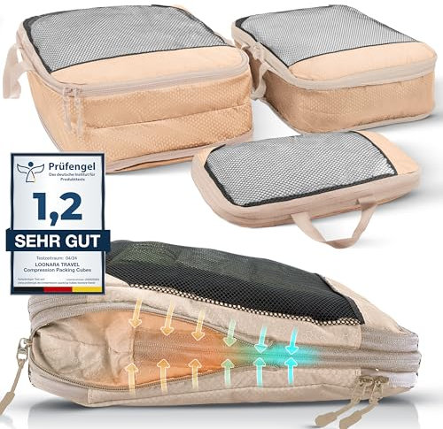 Packing Cubes Set für Koffer und Rucksack [3-teilig] mit Wäschebeutel - mehr Platz im Koffer oder Backpack durch Kompression - Packtaschen für Koffer als Dein Travel Organizer (beige)
