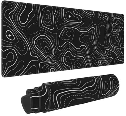 Tapis de souris XL avec contour topographique minimaliste noir, base en caoutchouc antidérapant, bords cousus et grand tapis de souris, 80 x 30 cm