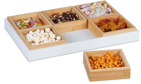 Relaxdays Snackschalen Set, mit Serviertablett, Bambus, 6 Schälchen, Chips, Nüsse & Süßigkeiten, Servierset, Natur/weiß