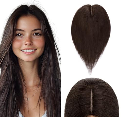 Elailite Hair Topper Echthaar, Toupet Damen, Clip in Haarteil, Haartopper Basis 10x12cm, 45cm #2 Dunkelbraun