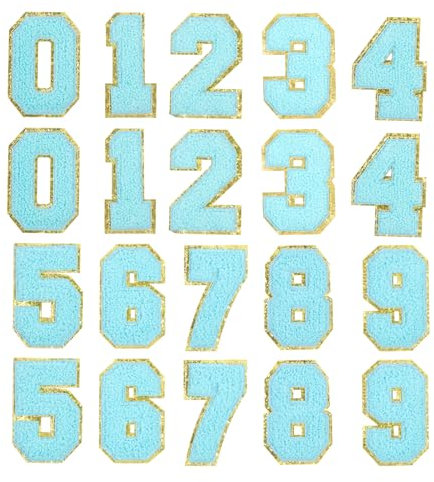 sourcing map 20pcs Glitters Chenille Number Patches 8.4cm / 3.3 Iron-On Embroidery Numbers for Team Uniforms Sports T-Shirts Hats Bags (Blue, Number 0-9)