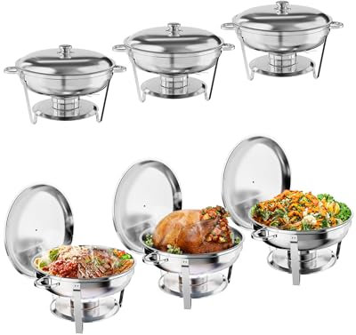 KYBOLT 5QT Chafing Dish Buffet Set von 6 Stück, Runde Edelstahl Speisenwärmer Buffet Server Sets, Chafer mit Essen & Wasser Pfanne, Deckel, Rahmen, Kraftstoffhalter für Gastronomie und Partys