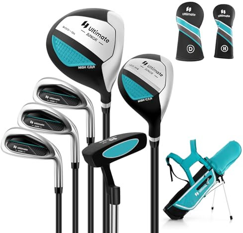 GYMAX Set di Mazze da Golf per 11-13 Anni, Set Completo da Golf Junior con Driver #1 da, Ibrido #5, Ferri #7#9#S e Putter, Grande Borsa da Golf Autoportante(Blu)