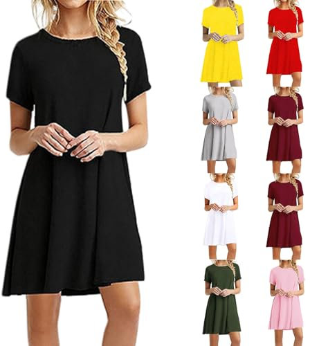 Kleider Damen Sommer Kurze - Rundhals Kurzarm Sommerkleid Damen, Casual Locker Shirtkleid Schicke Sommerkleider Sportliche Kleider mit Taschen Tunikakleid Spring Dresses for Women Schwarz M