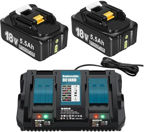 2X 18V 5,5Ah Ersatzakku für Makita + 6A DC18RD Dual Port Ladegerät Kompatibel für Makita Akku 18V BL1860 BL1860B BL1850B BL1850 BL1840B BL1830B LXT-400