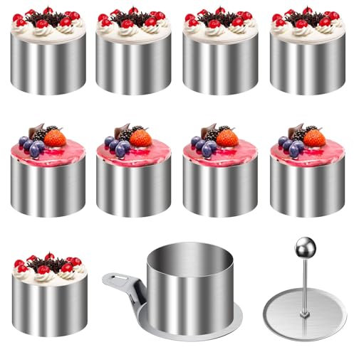 Forhandy 10 Stück Dessertringe und Speiseringe, Ø 8 cm Runde Servierringe Edelstahl Mousseringe mit Heber & Stampfer Kleine Anrichteringe Set für DIY Nachspeise Mousse Torte Reiskugel
