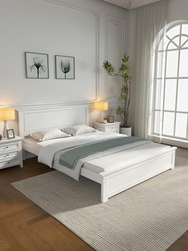 Home Treats Wooden Double Bed Frame 4ft6 With Headboard & Footboard Solid White Bed For Adults Kids Teenagers (No Mattress, Double)