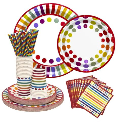 120pcs Rainbow Birthday Panty Tableware Set,Party Paper Plates Cups Napkins Straws Rainbow Birthday Pary Supplies Kids Birthday Party Decorations for 24 Guests