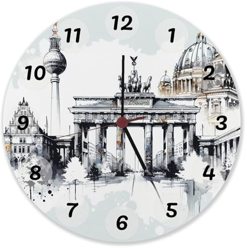 speecheese Skyline Berlin Wanduhr aus Alu Stilvolle Wanduhr aus Alu mit Berliner Skyline Wahrzeichen wie Brandenburger Tor Fernsehturm Dom - Moderne Architektur als Zeitmesser