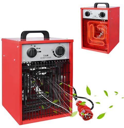 PEILU 5 kW Elektrische Heizgeräte Heizlüfter mit 4 Einstellbarer Heizstufen Überlastschutz Garten Elektroheizkörper Tragbare Elektroheizung Ventilatoren Elektroheizer mit Handgriff (Rot)