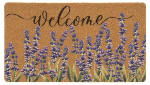 Lavender Flower Welcome Front Door Mat - Spring Floral Outdoor Indoor Entrance Mats Non Slip Coir Seasonal Doormat 17 x 29 Inches