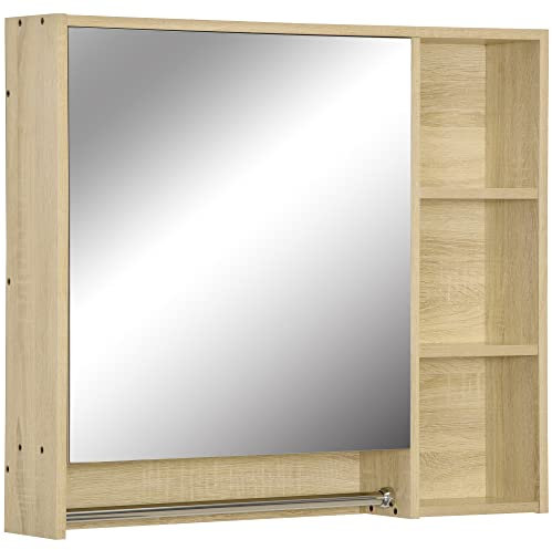 kleankin Meuble Salle de Bain avec Miroir, Armoire Toilettes Murale, Miroir Salle de Bain avec Rangement, Porte-Serviettes, 3 niches, Placard et étagère réglable, 80x15x90 cm Naturel