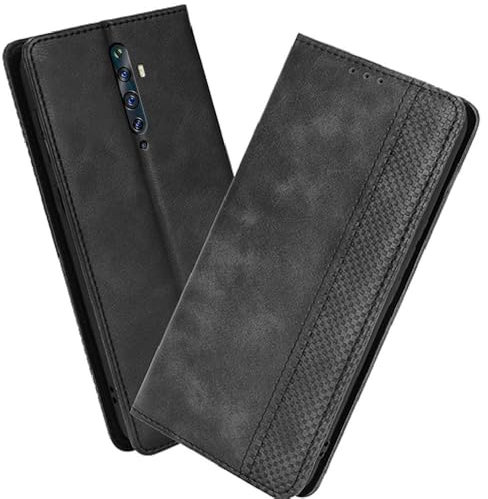 XINNI Protective Phone Case for OPPO Reno 2Z, PU/TPU Vintage Flip Leather Shockproof Cover Magnetic Book Style Wallet, Black