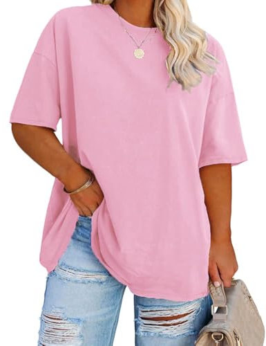 Fisoew T-shirt pour femme - Grandes tailles - Col rond - Manches mi-longues - Ample - Basique - Oversize - Manches courtes, Rose, 3XL