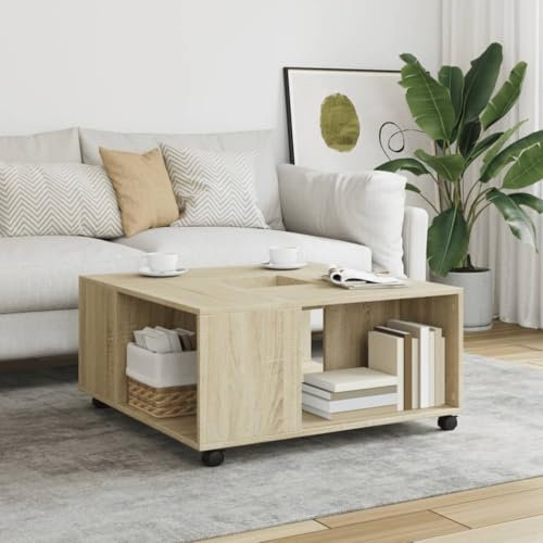 Makastle Quadratisch Couchtisch mit offene Fächern & Rollen, Modern Wohnzimmertisch Sofatisch Kaffeetisch für Wohnzimmer, einfacher Aufbau, Sonoma-Eiche 80x80x40 cm Holzwerkstoff