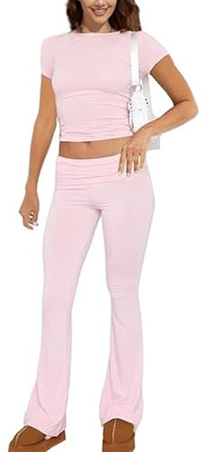 ABINGOO Damen Baumwoll Lounge Set Oberteil Und Schlaghose Set Geschnittene Yoga Trainingsanzug Zweiteiliger Outfit Schmal Loungewear Set(Z-Rosa,S)