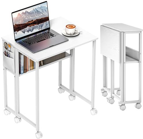 HOMCOM Folding Desk with Storage Shelf and Bag, 63 cm Foldable Computer Desk for Small Spaces, Space Saving Writing Table on Wheels for Home Office, Bedroom, Easy Assembly, White