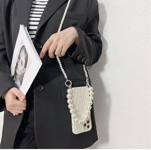 Yhsvie Mobile Phone Chain Case for iPhone 13, Mobile Phone Case with Strap, Soft Silicone Protective Case with Pearl Chain, Girls, Cute Waves Case with Cord for Hanging, Shockproof TPU Bumper Case