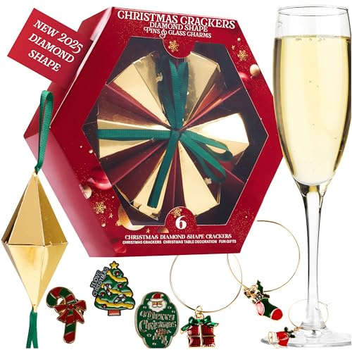 KreativeKraft Luxury Christmas Crackers, 6 Pack Deluxe Xmas Crackers, Wine Glass Charms or Decorative Pins, Fun Novelty Xmas & Party Table Decorations (Gold Diamond)