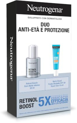 Neutrogena Skincare Set Duo Anti-Aging und Schutz, Gesichtskincare Set mit Retinol Boost + Intensives Nachtserum 30 ml mit Retinol + Hydro Boost Feuchtigkeitsspendendes Fluid LSF 50 15 ml mit