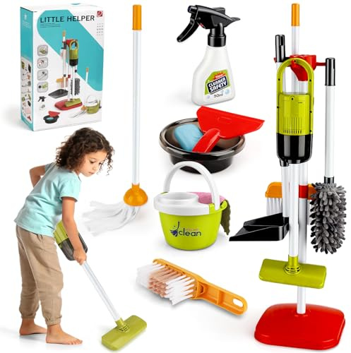 Kinderstaubsauger Mit Saug und Soundfunktion,14pcs Kinder Reinigung Set,Putzset für Kinder, Kinderbesen Set Spielzeug für ab 3 Jahren (grün)