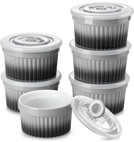 vancasso RAMEKINS 260ml Soufflé Förmchen Set von 6, Ø10,1cm, Grau | Creme Brulee Schälchen Backofen sicher, Porzellan Soufflés mit Deckel, Kleine Keramik-Schalen, Mini Auflaufformen zum Backen