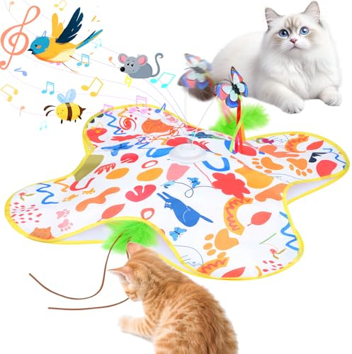 Qoosea Juguete para Gatos Interactivos Juguetes Gato Escondite, Recargable Interactivo Juguetes para Gato con Móviles Plumas Teaser y Mariposa Revoloteando, Eléctrico Juguete para Gatitos Interior