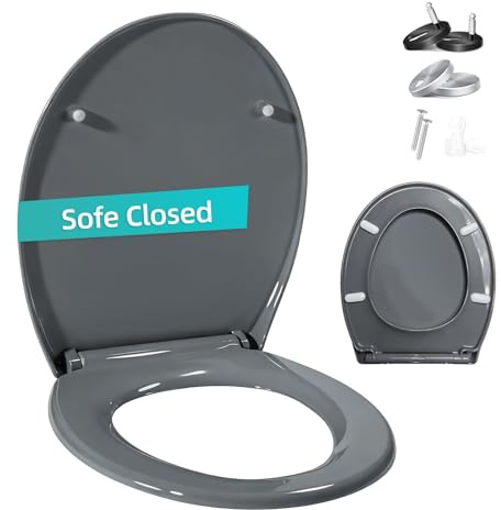 Shgjutop Toilet Seat Soft Close, Oval Soft Close Toilet Seat with Adjustable Hinges, Universal Quick Release Toilet Seats Lid in Sturdy Anti-Bacterial Premium PP Material, Grey