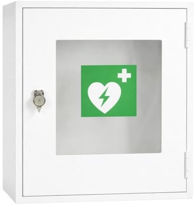 First Aid Products Universal AED Metallschrank (leer) - Wandschrank für Defibrillator, Sichtfenster mit Vorhängeschloss abschließbar, ohne Alarm, für Wandmontage, Weiß, 400 x 400 x 200 mm