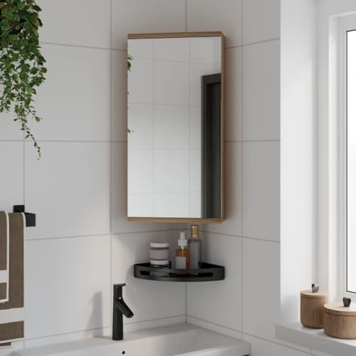 zylophax Armario esquinero con espejo de madera de roble, 30 x 24 x 60 cm, con 2 estantes, montado en la pared, mueble de baño para debajo del lavabo, funcional y ahorra espacio