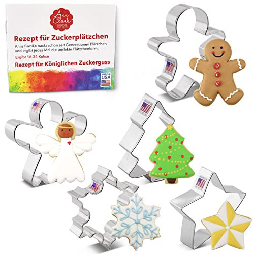 Ann Clark Ausstechformen - Weihnachten - 5 Teile Set - Schneeflocke, Stern, Weihnachtsbaum, Lebkuchen-Mann, Engel - US verzinnter Stahl