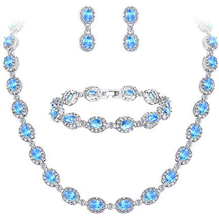 EVER FAITH Damen CZ Hochzeit Braut Oval Teardrop Halskette Ohrringe Armband Set Hellblau Silber-Ton