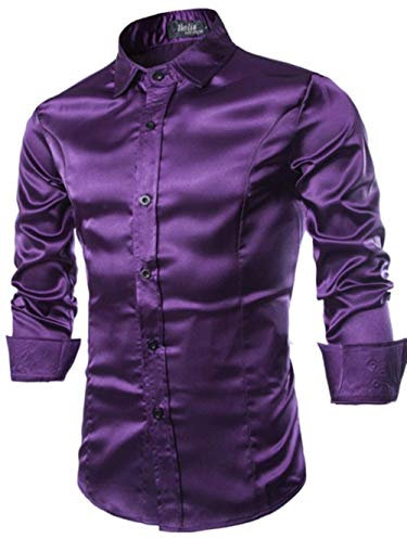 Elonglin Hommes Casual Slim Charme Solide Couleur Costume Chemise à Manches Longues Top Chemisier Dance Robe Chemise Repassage Facile Simili Soie Satin Violet Taille FR XS (Asie M)